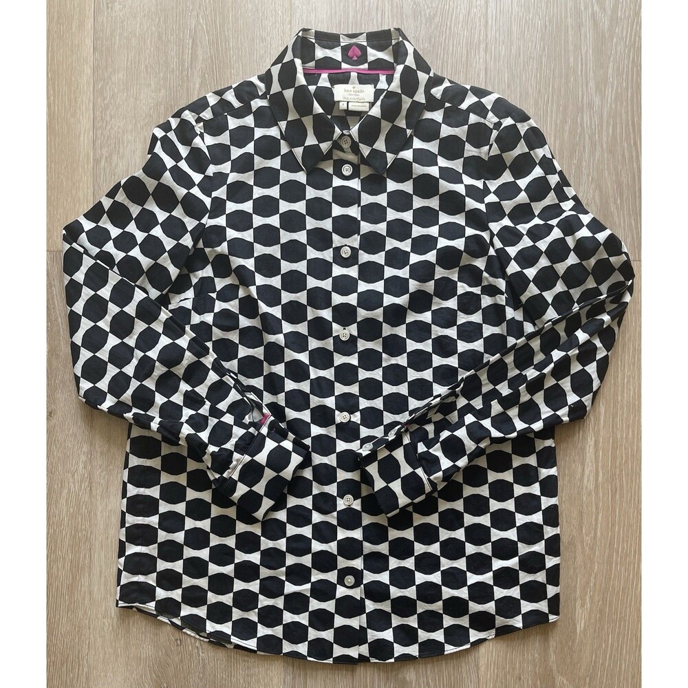 Kate Spade Women’s Shirt Black & White Geometric Pattern Size 4 Button Down LS